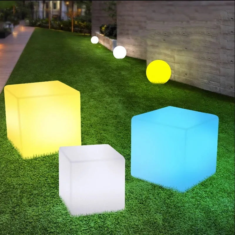 White LED cube stool light with modern design showing waterproof construction and clean geometric lines
