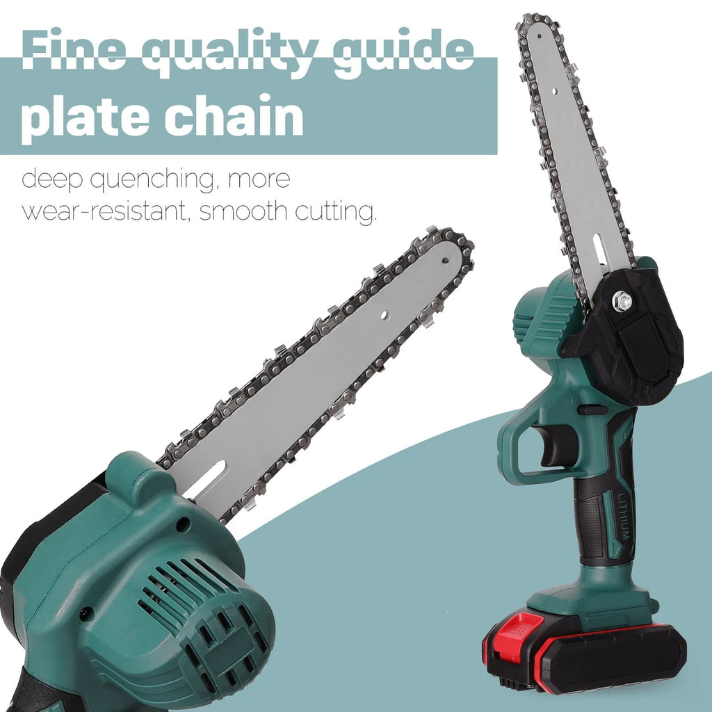 Black mini electric chainsaw with green accents, showing compact one-hand design and 4-inch cutting bar