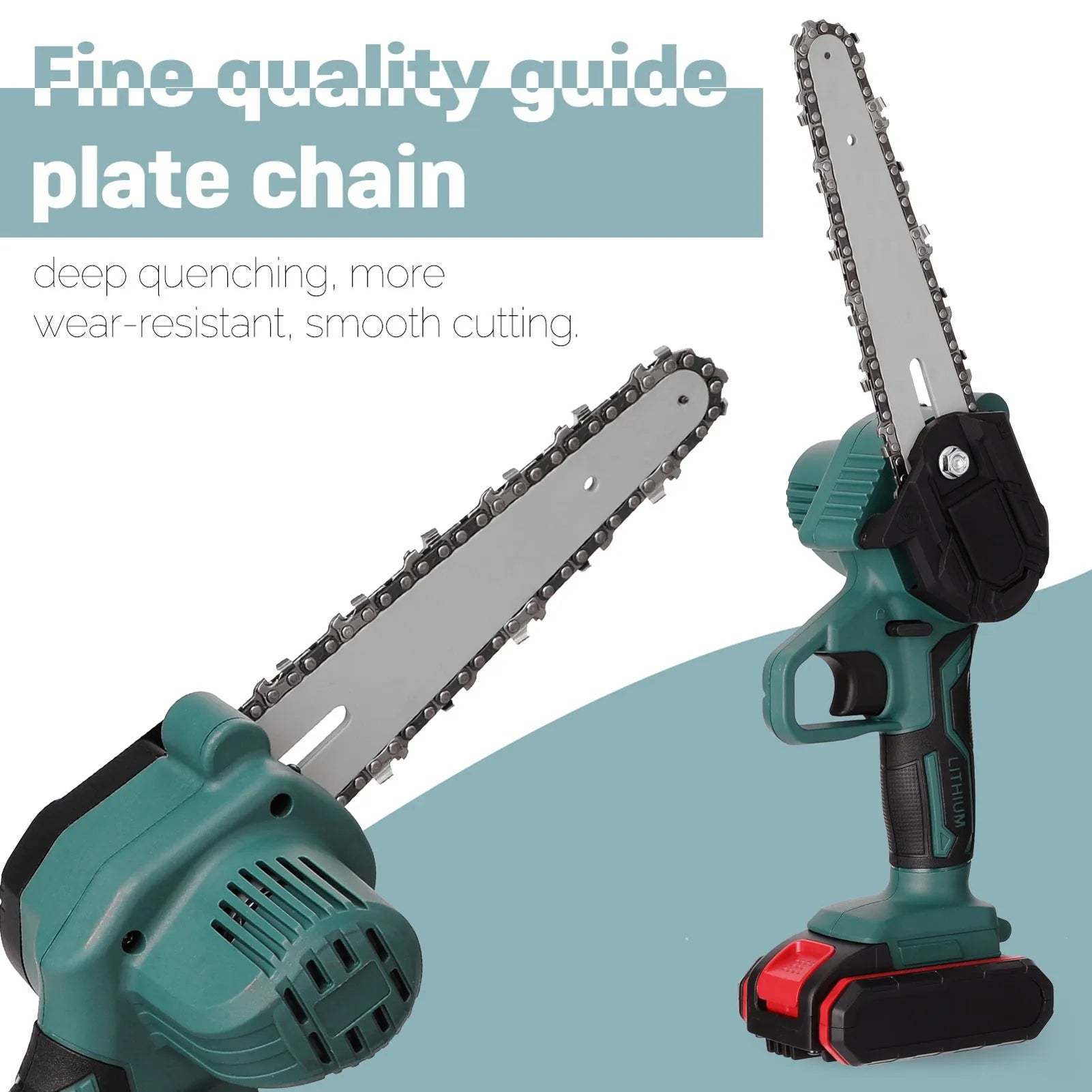 Black mini electric chainsaw with green accents, showing compact one-hand design and 4-inch cutting bar