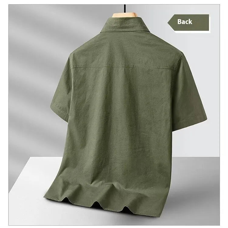 Solid colour short sleeve men's cotton blend work shirt in khaki, loose cardigan fit with non-iron finish
