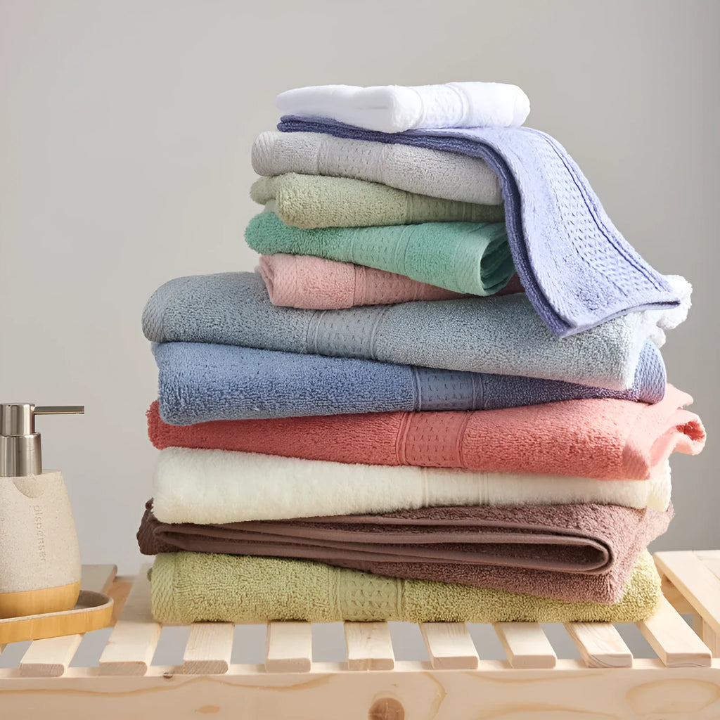 3-piece pure cotton towel set with square, hand, and bath towel in assorted colours