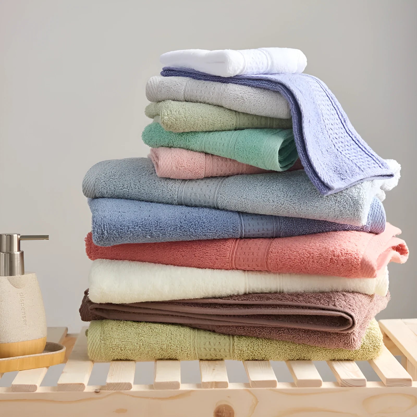 3-piece pure cotton towel set with square, hand, and bath towel in assorted colours
