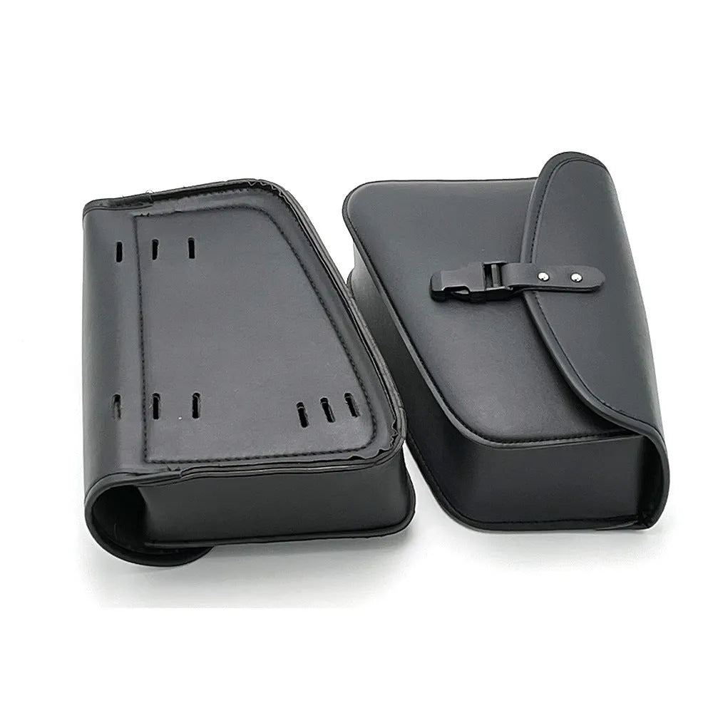 Black PU leather swingarm saddlebag mounted on a Harley Davidson Sportster motorcycle.