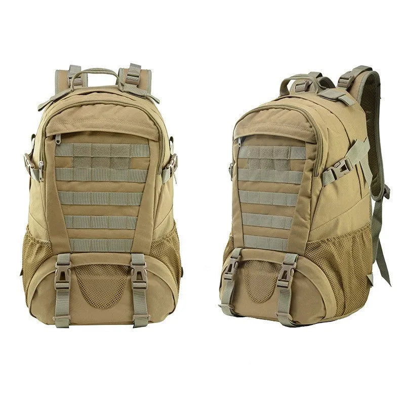 Outdoor mountaineering backpack in Oxford cloth shown in a camouflage colour with air pillow belt system.