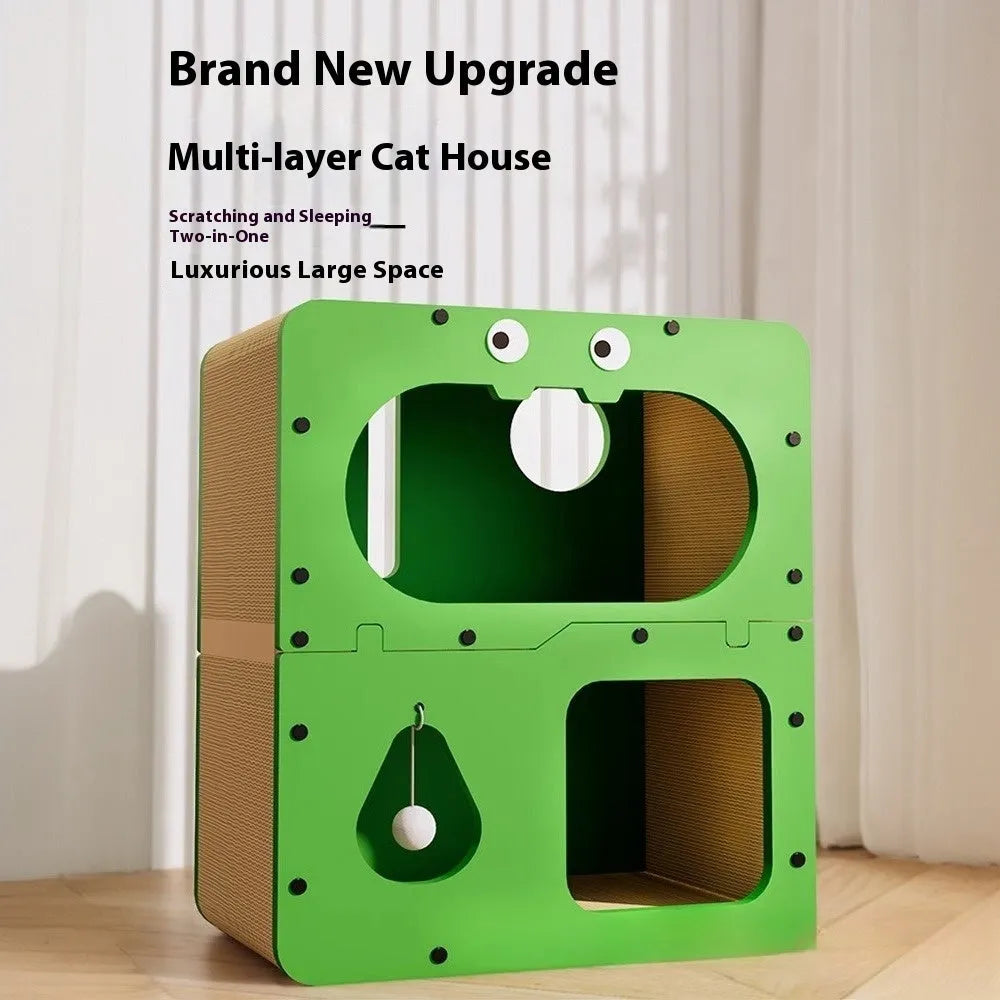 Double-layer cat scratching board with integrated nest in cute owl design