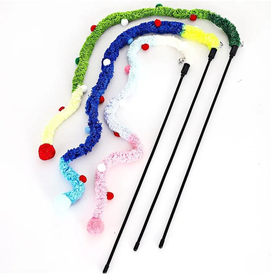 Cat wand toy with plush strip and colourful balls with bells for interactive feline play