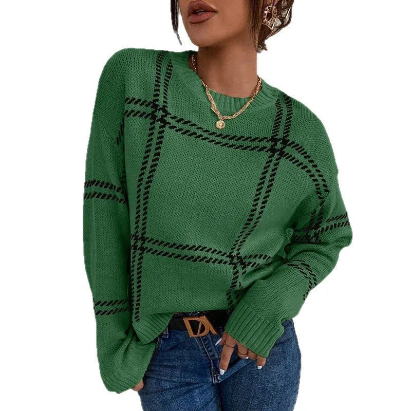 Women's casual plaid colour-block crew neck acrylic sweater with apricot, black, beige, red and green stripes