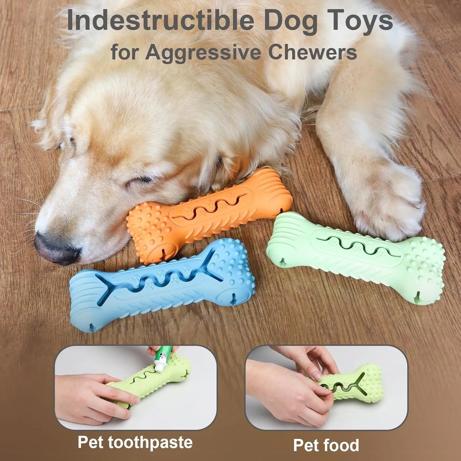 Blue natural rubber bone-shaped dog chew toy for aggressive chewers and dental care.