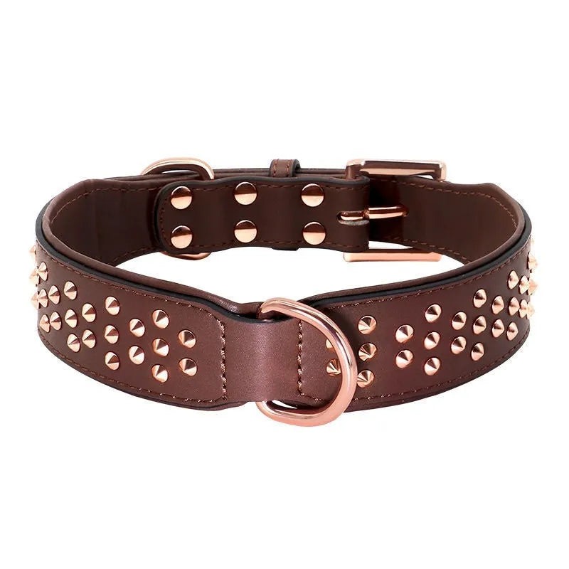 Leather dog collar with a line of metal anti-bite rivets, shown in chocolate brown colour.