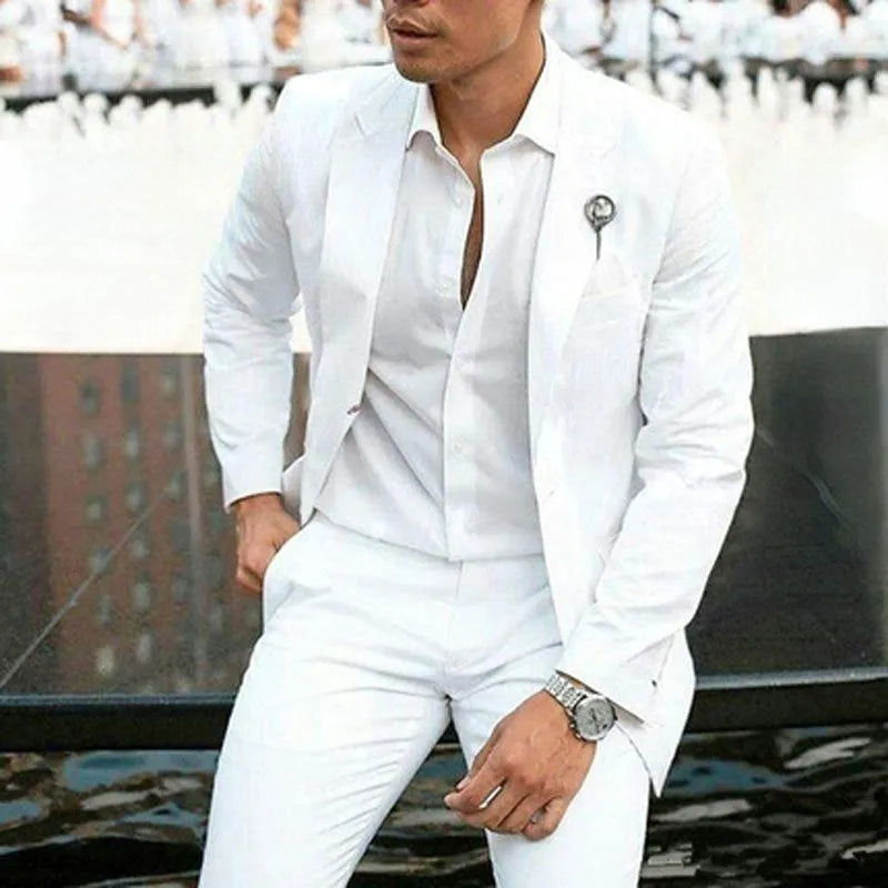 Men's white slim fit two-piece suit jacket and trousers for weddings