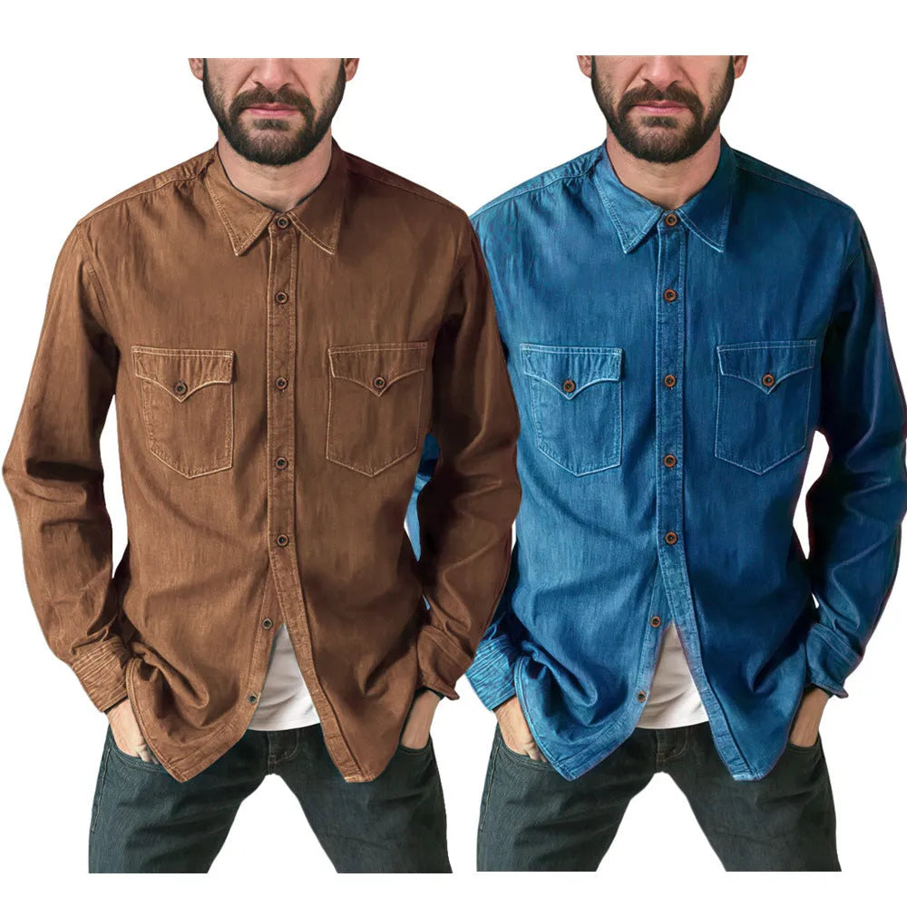 A regular-fit denim cardigan coat shown in khaki, available in sizes from Small to 3XL.