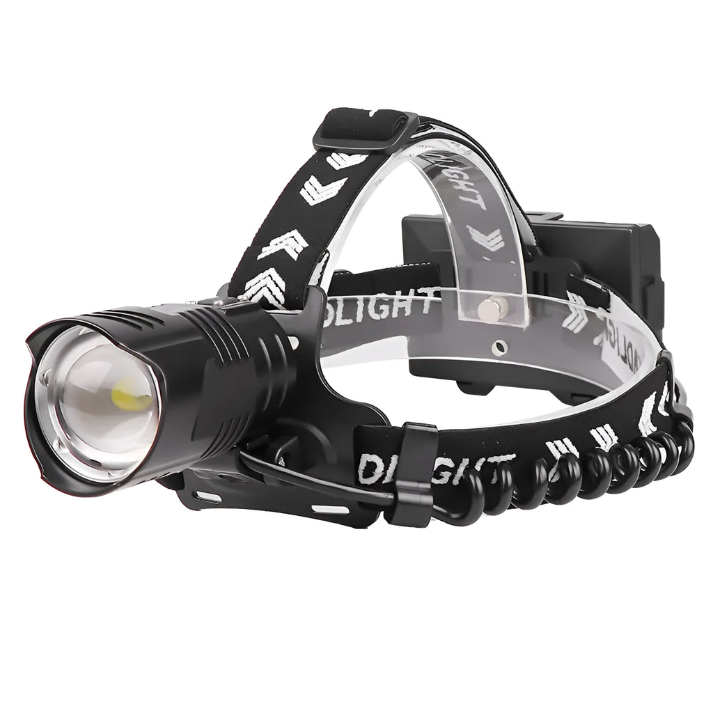 Black aluminium alloy USB rechargeable telescopic zoom headlight with storage box on a dark background.