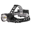 Black aluminium alloy USB rechargeable telescopic zoom headlight with storage box on a dark background.