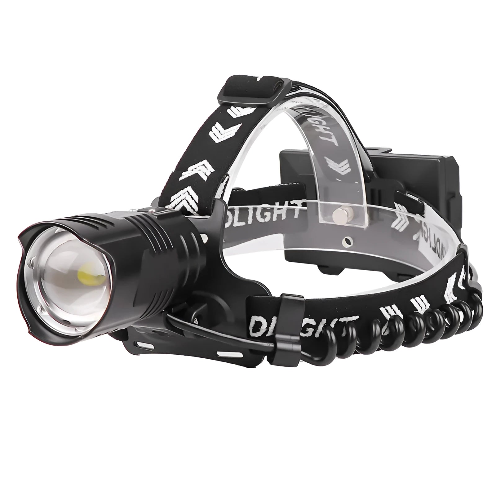Black aluminium alloy USB rechargeable telescopic zoom headlight with storage box on a dark background.