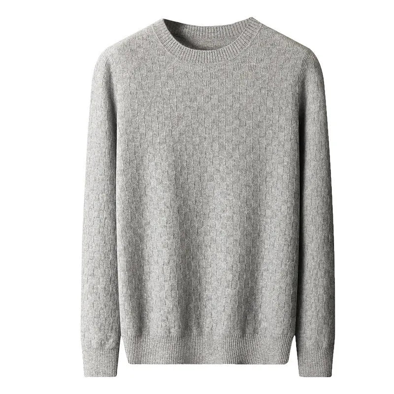 Men's cashmere blend thickened knitted sweater in solid colour with round neck and long sleeves, front view
