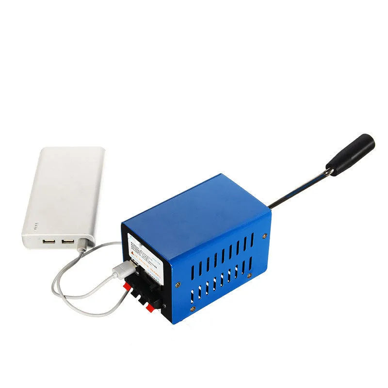 Blue metal hand crank USB power generator showing crank handle and output ports