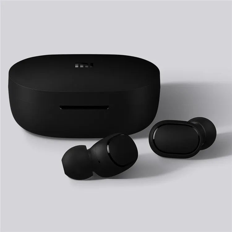 Black Redmi AirDots 2 true wireless earbuds and charging case on a white background