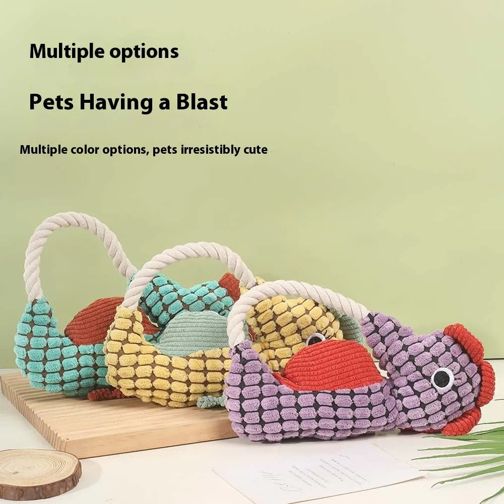 Pineapple velvet molar plush pet toy in yellow seahorse colour with squeaker, 16.5 x 23.5 cm