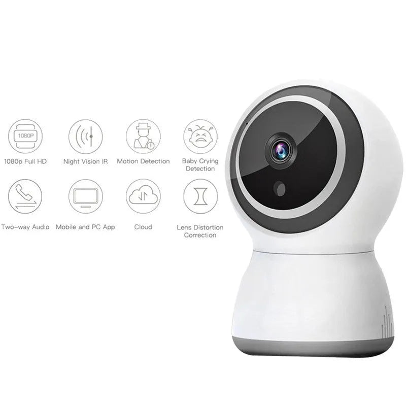 Tuya wireless indoor security camera with PTZ and night vision, 75x78x110mm