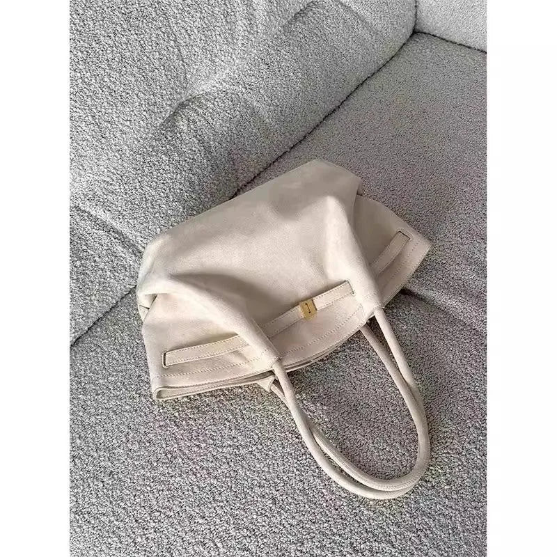 Milky white suede large capacity tote bag with double shoulder straps and zipper changing bag interior