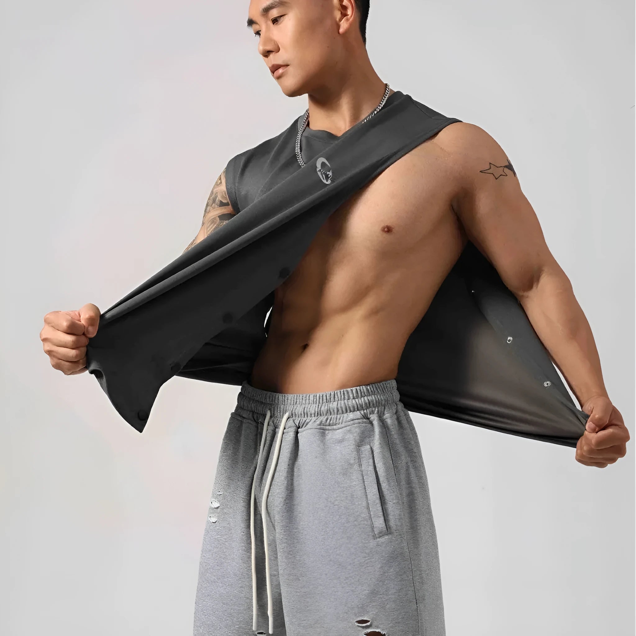 Korean style loose cotton fitness vest with hidden hook side openings in solid colour