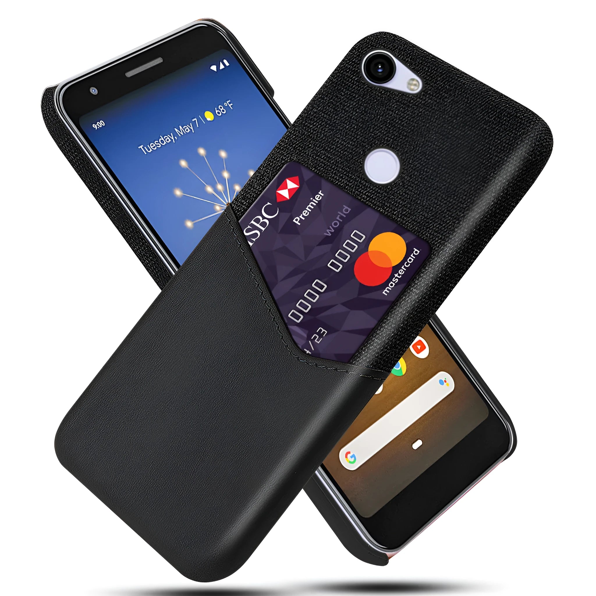 Genuine leather Google Pixel mobile phone case in solid colour on a wooden table.