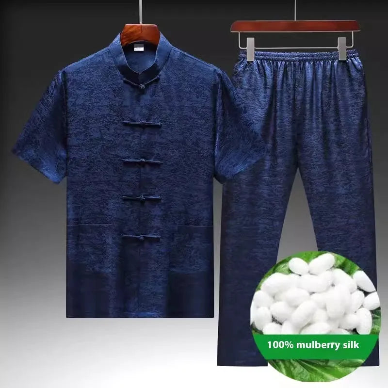 Men's mulberry silk Tang suit in traditional Chinese style with jacket and trousers