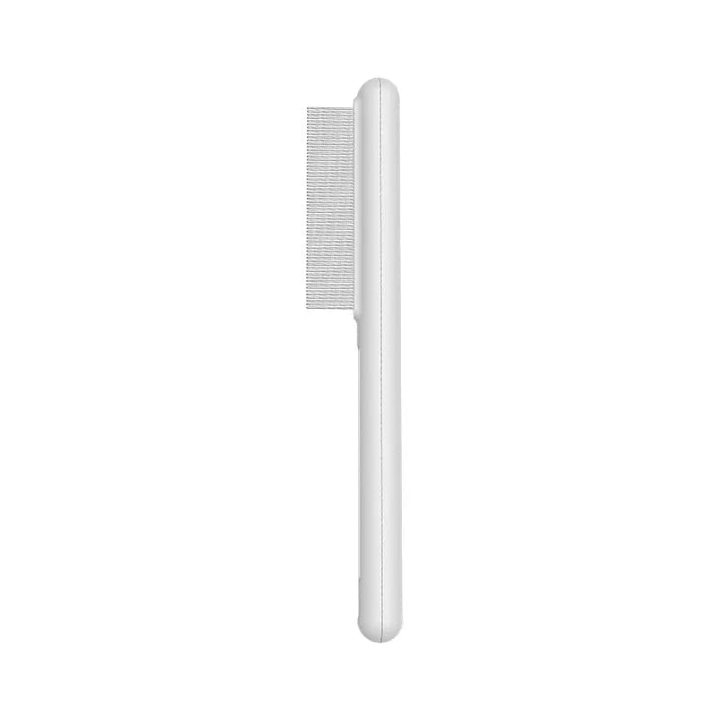 Cat comb with rounded stainless steel teeth and ergonomic handle on white background