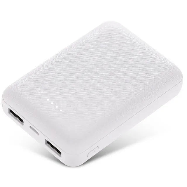 Black and white ultra-thin 10,000mAh power bank measuring 90x63x22mm with multiple USB ports