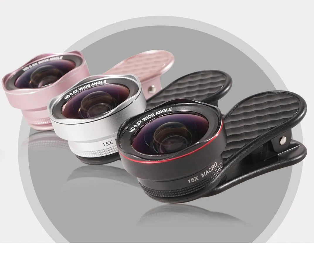 Mobile phone camera lens kit with wide-angle and macro lenses in black finish with clip and storage box