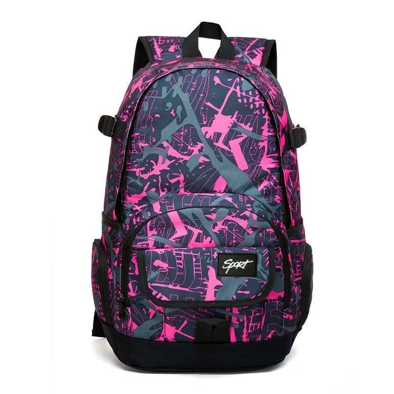 Classic large blue nylon backpack with multiple compartments shown from the front.