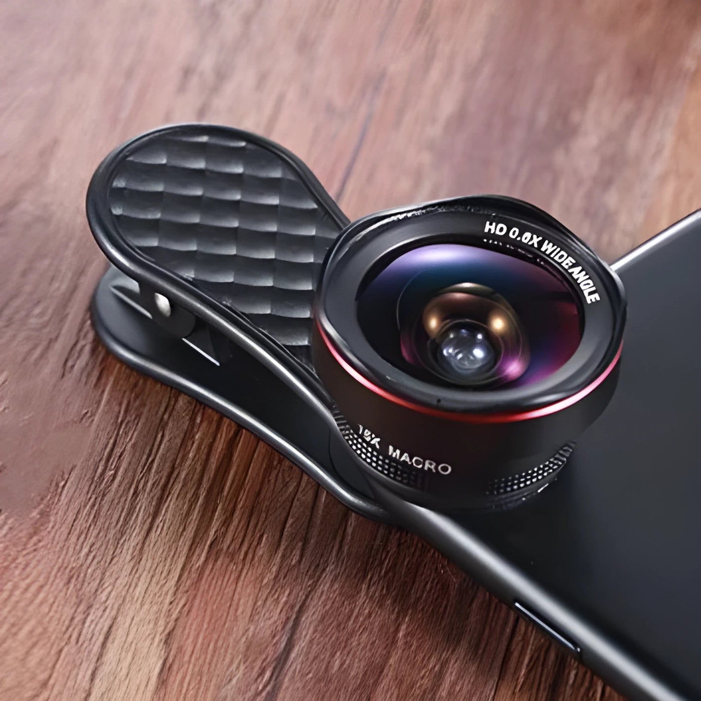 Mobile phone camera lens kit with wide-angle and macro lenses in black finish with clip and storage box