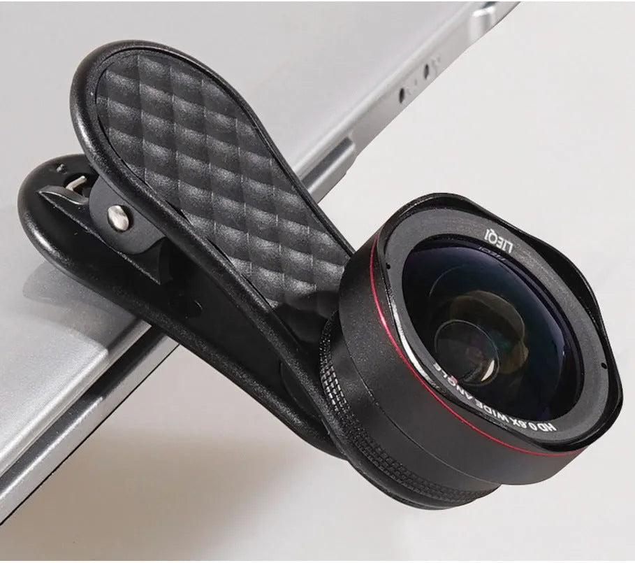 Mobile phone camera lens kit with wide-angle and macro lenses in black finish with clip and storage box
