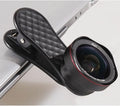 Mobile phone camera lens kit with wide-angle and macro lenses in black finish with clip and storage box