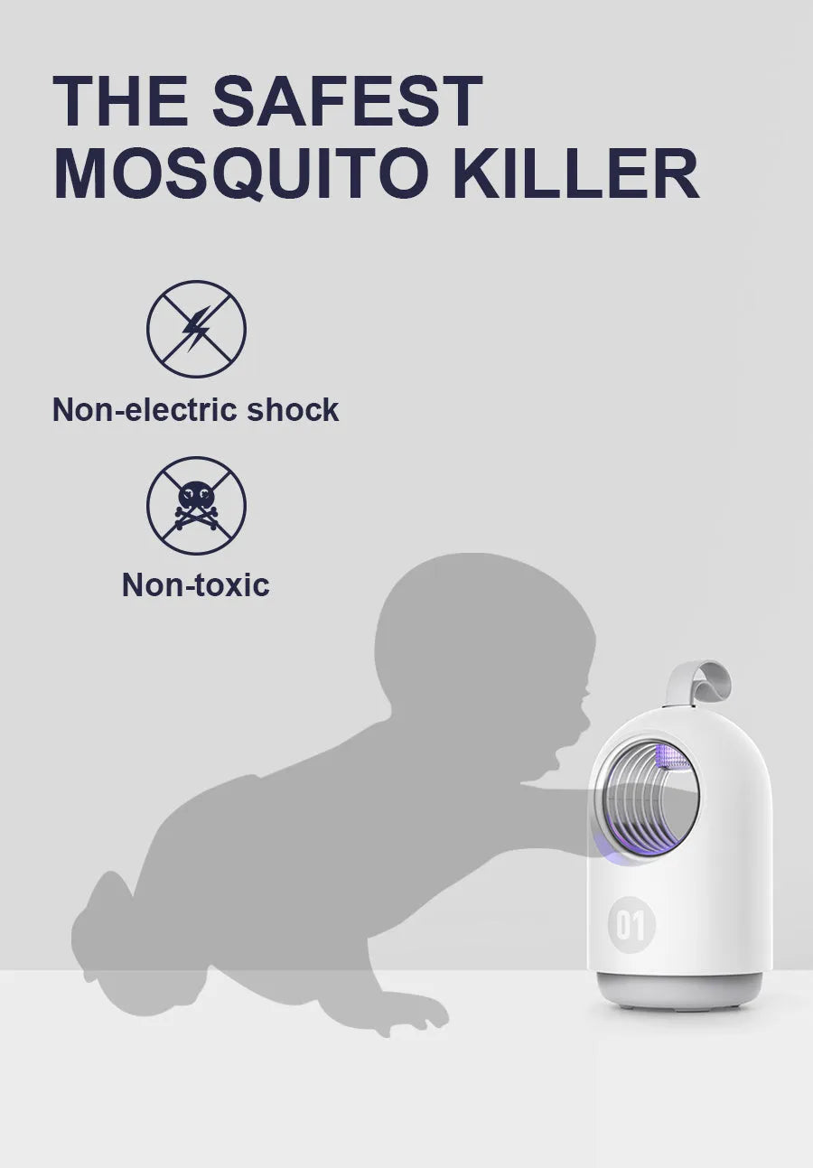 Blue and white indoor mosquito killer lamp with UV light, USB port, and silicone carry handle.