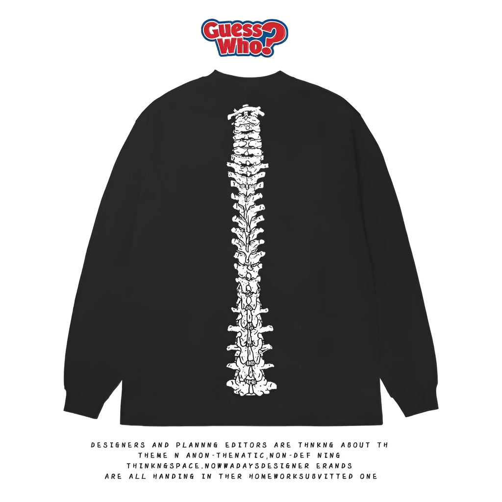 Dark-style spine print street skateboard sweatshirt casual long-sleeved cotton t-shirt in black