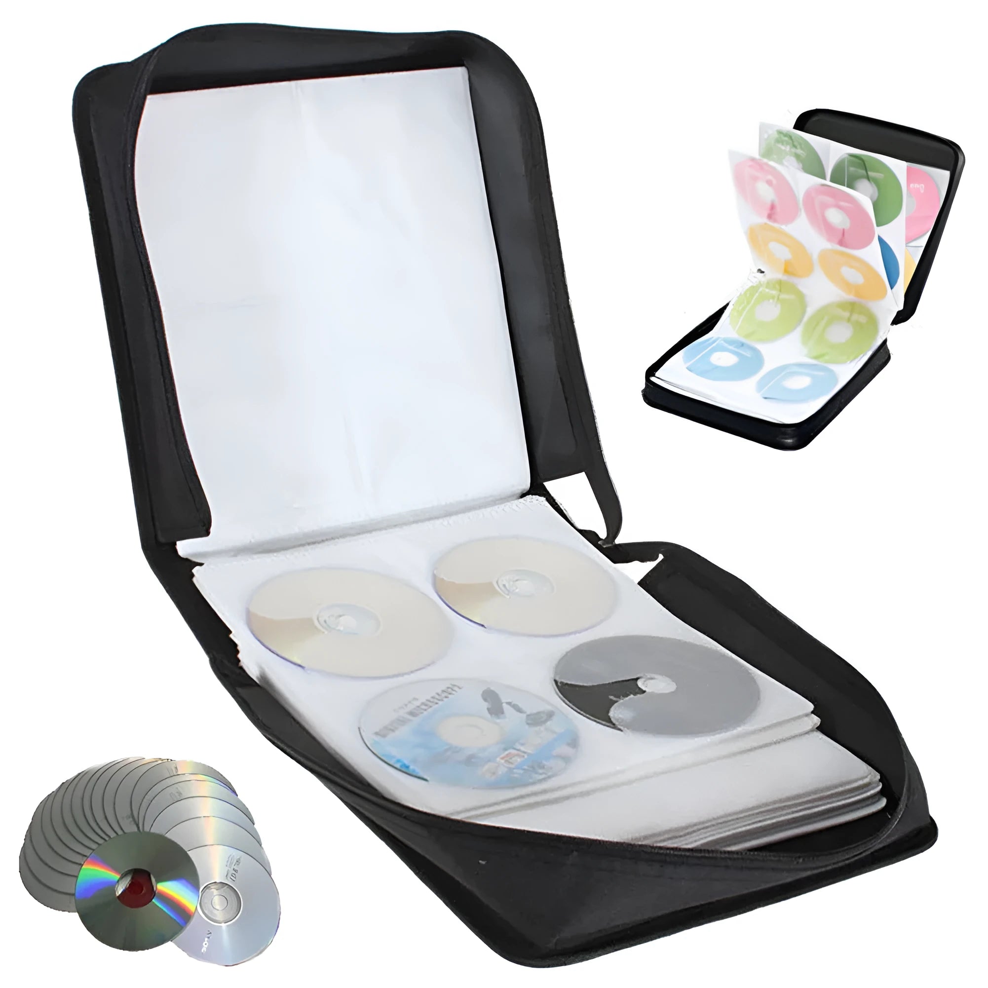 Black Oxford cloth CD and DVD storage binder with zipper and top carry strap.