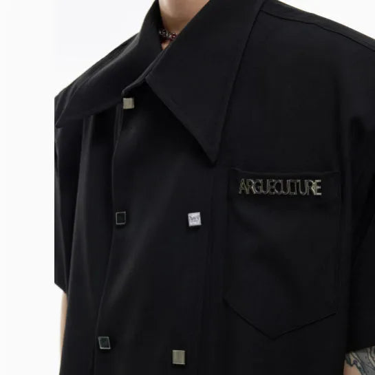 Men's loose fit casual short-sleeved summer shirt with splicing details and metal buttons