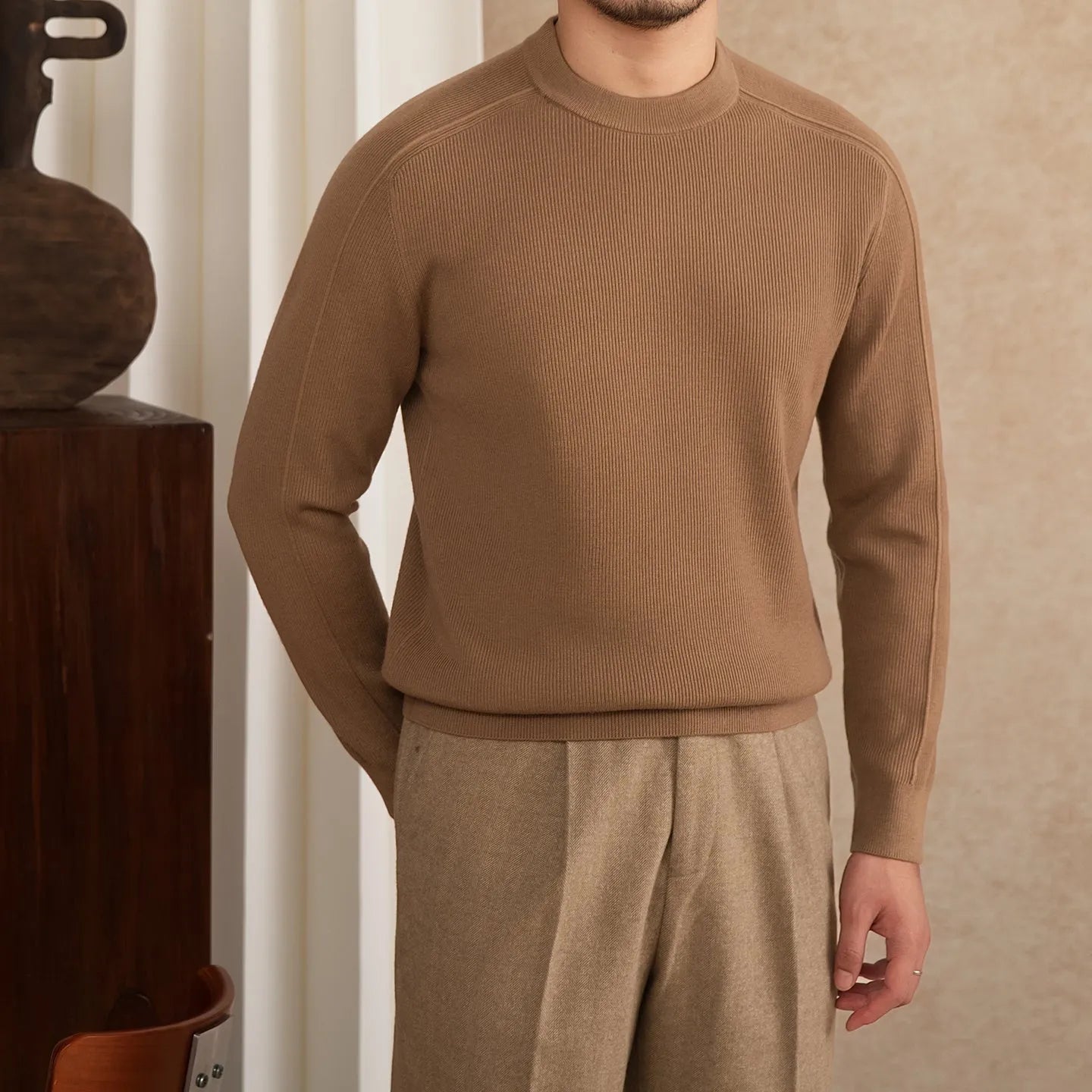 Men's slim-fit retro casual knitted bottoming shirt in camel colour, soft fabric blend available in multiple sizes