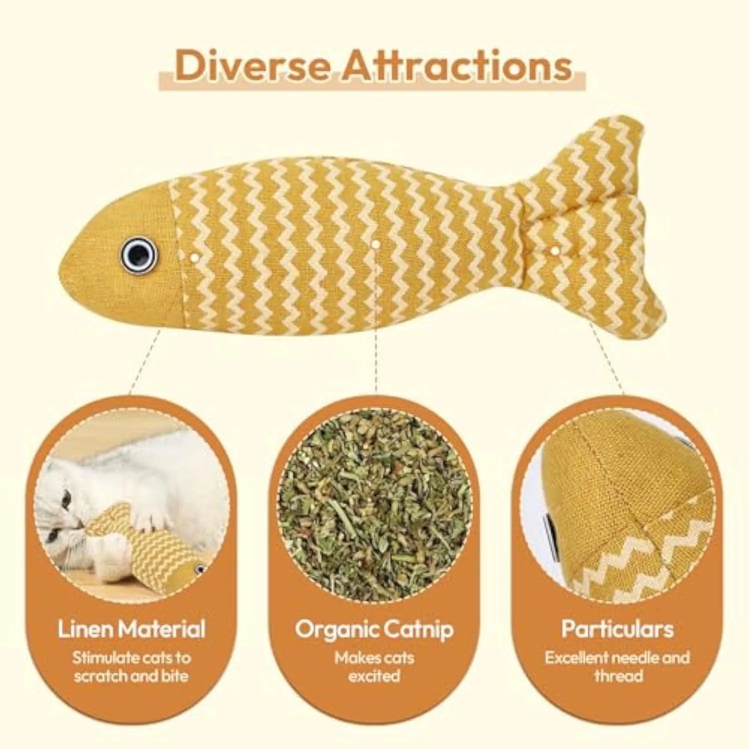 Three catnip fish toys in coffee, gray, and yellow for indoor cat self-play