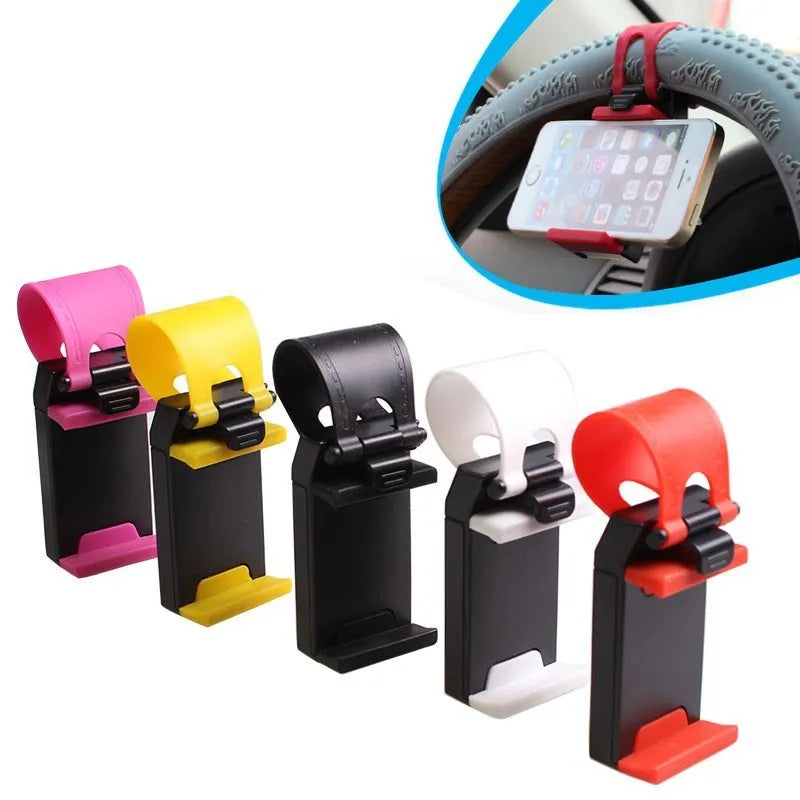 Universal steering wheel phone clip mount holder in black red blue yellow colours