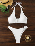Solid colour split love heart-shaped bikini swimsuit in white, polyester high elasticity fabric, sizes S-XL