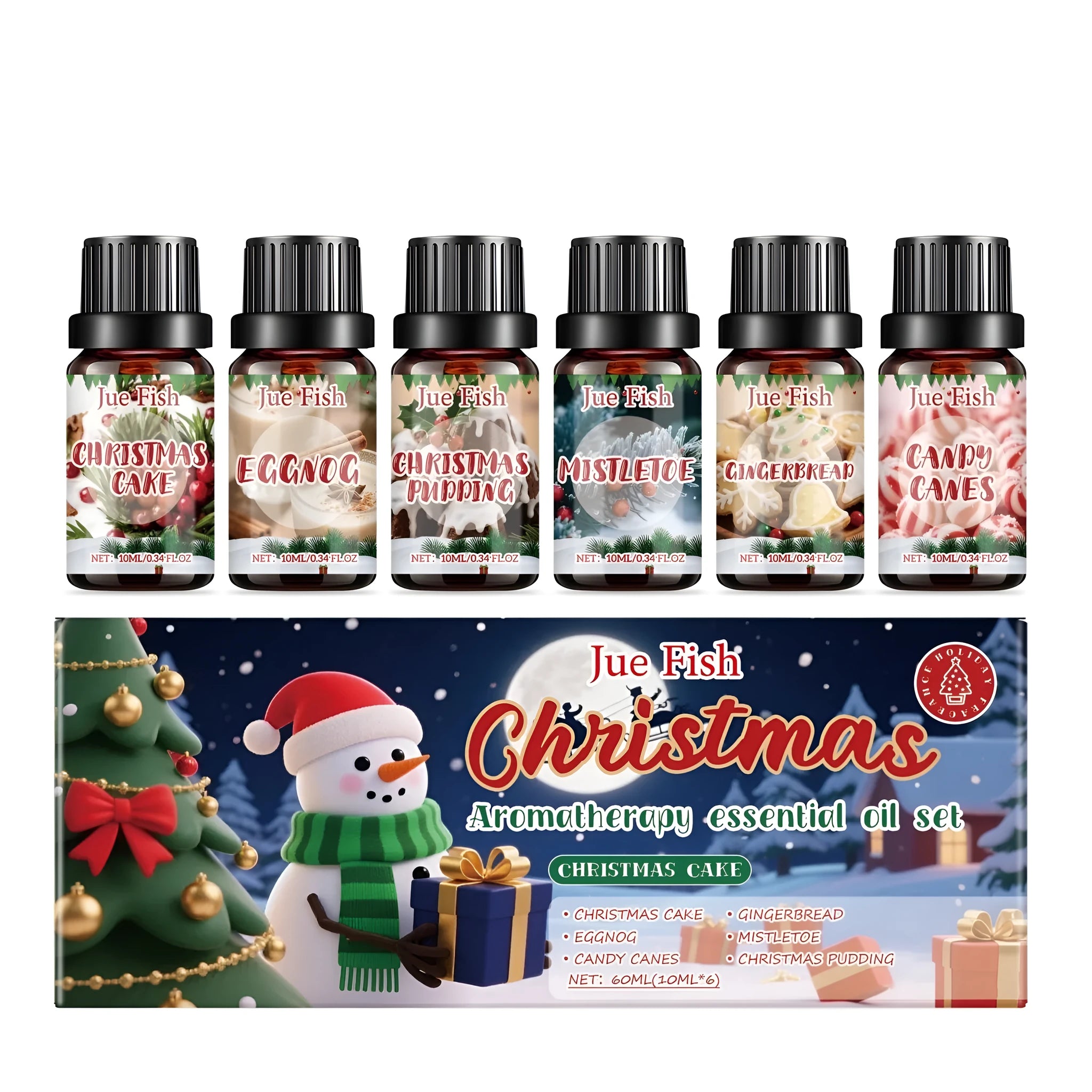 Christmas aromatherapy essential oil set with six 10ml bottles showing festive scents