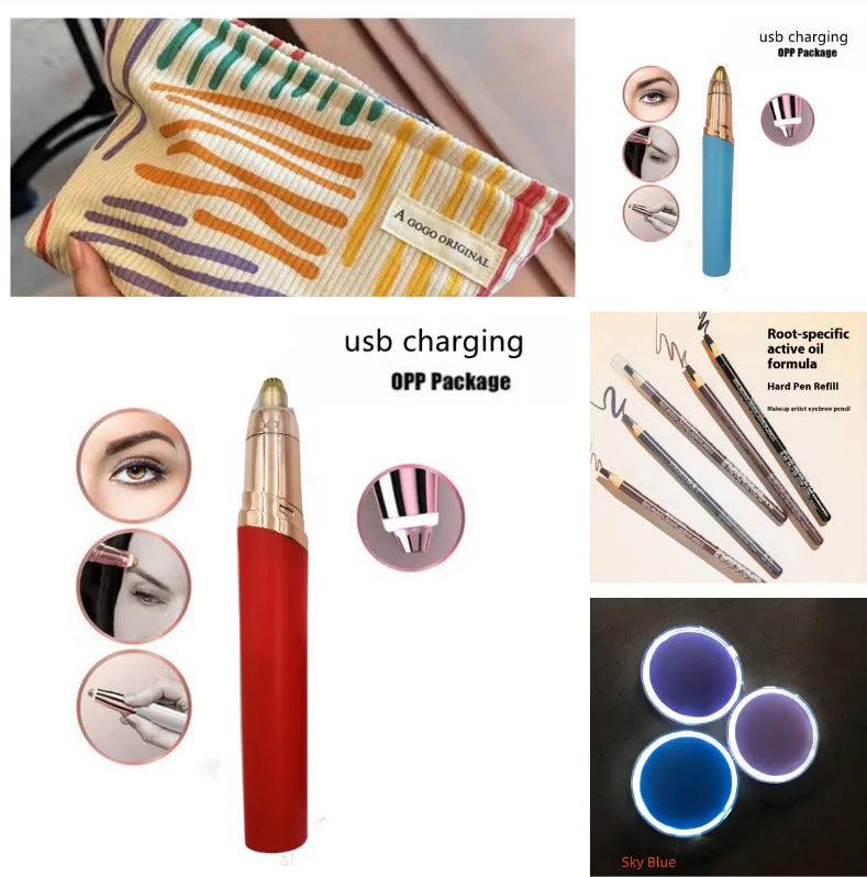 Eyebrow epilator pen with gold plated head and LED light on pink background