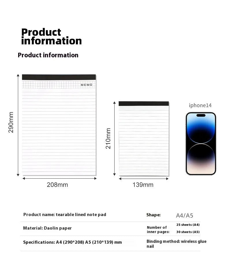 A4 tearable grid notebook with paper cover open to show ivory white pages with subtle grid pattern