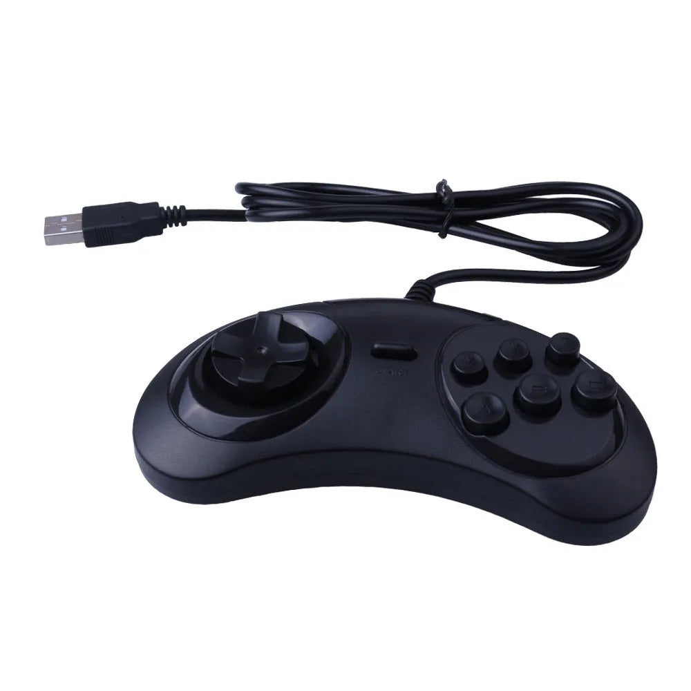 Black Sega USB PC game controller with long cable on a white background