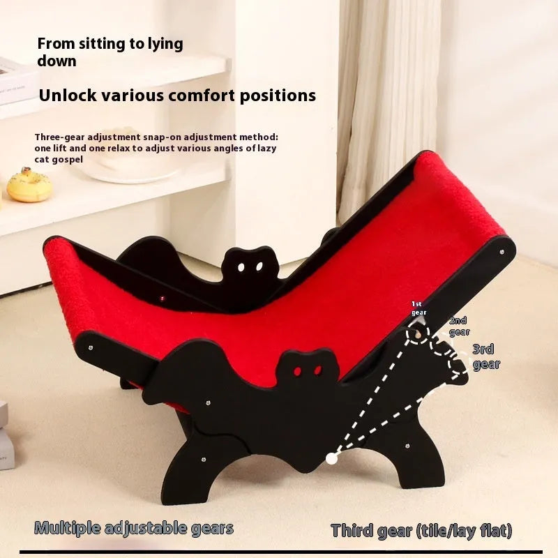 Black and red wooden cat recliner lounge chair with cage structure, model MW-054.