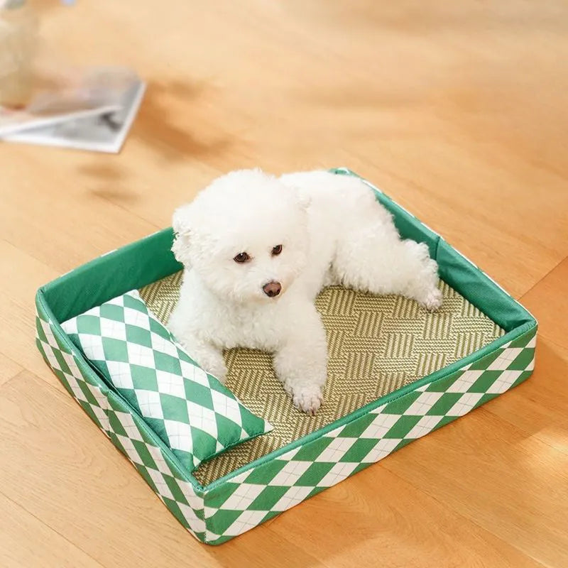 Blue woven rattan cat bed with non-slip base placed on a wooden floor.
