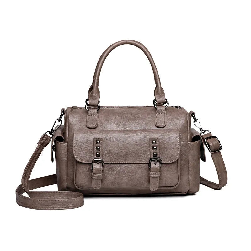Vintage style large messenger bag in PU leather with contrast stitching, shown in a horizontal square shape.