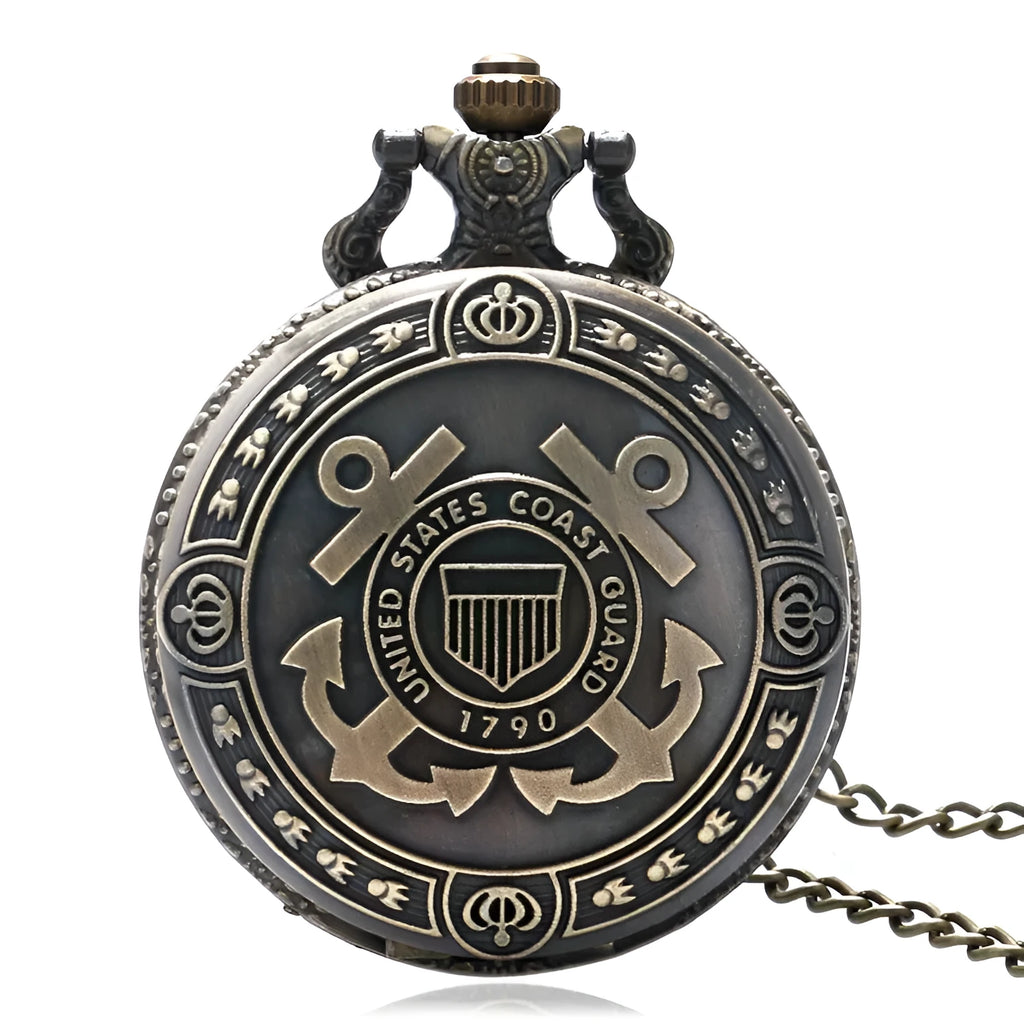 Bronze US Coast Guard 1790 pocket watch with chain, quartz movement, 4.8cm diameter
